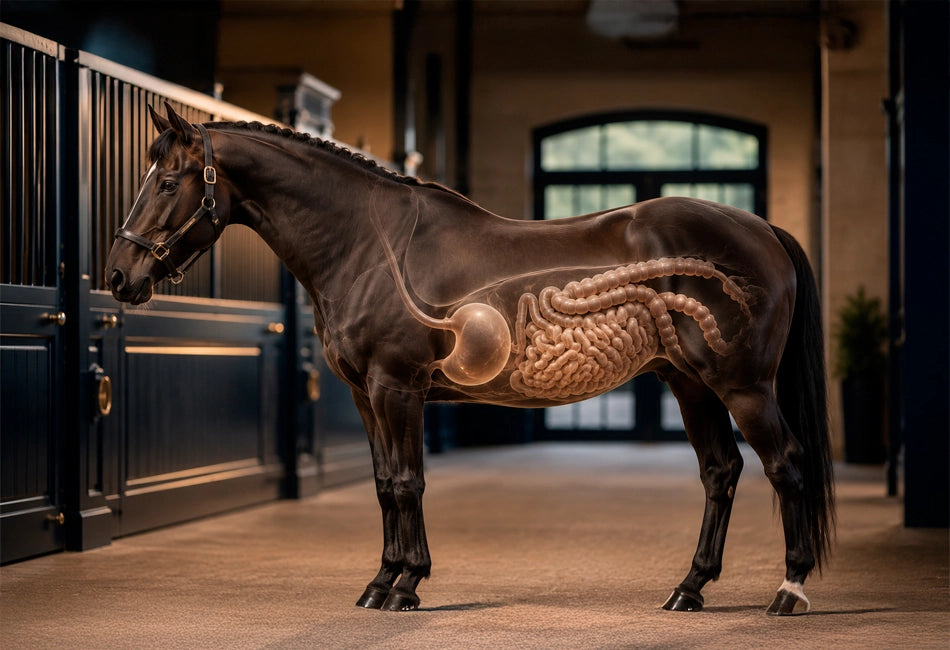 Sportpaard in premium stal met zichtbaar spijsverteringsstelsel, maag en darmen, hero voor de Seahorse onderzoekspagina